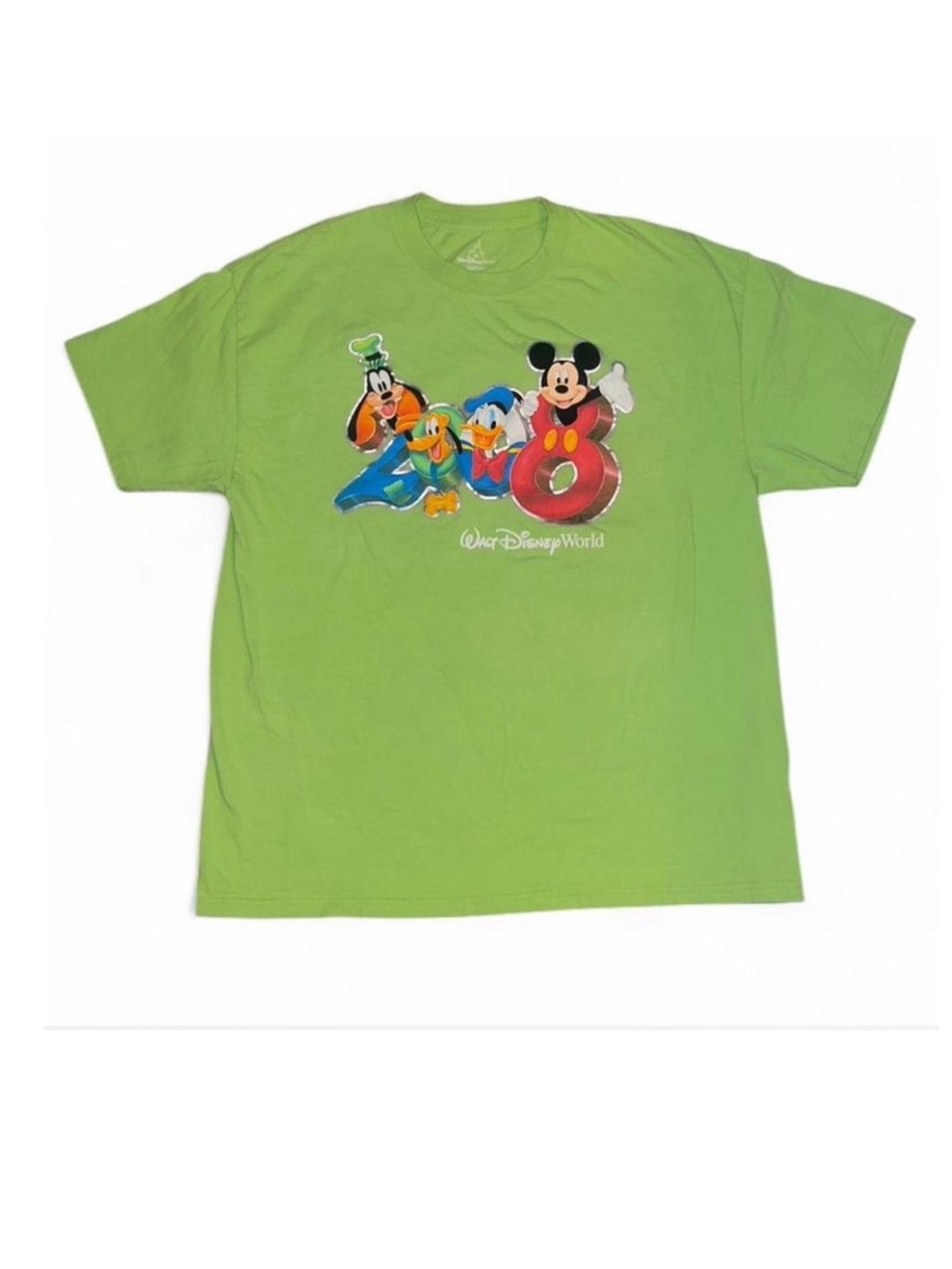 Disney World 2008 Mickey Goofy Donald Tee XL Y2K Bright Green Graphic Shirt